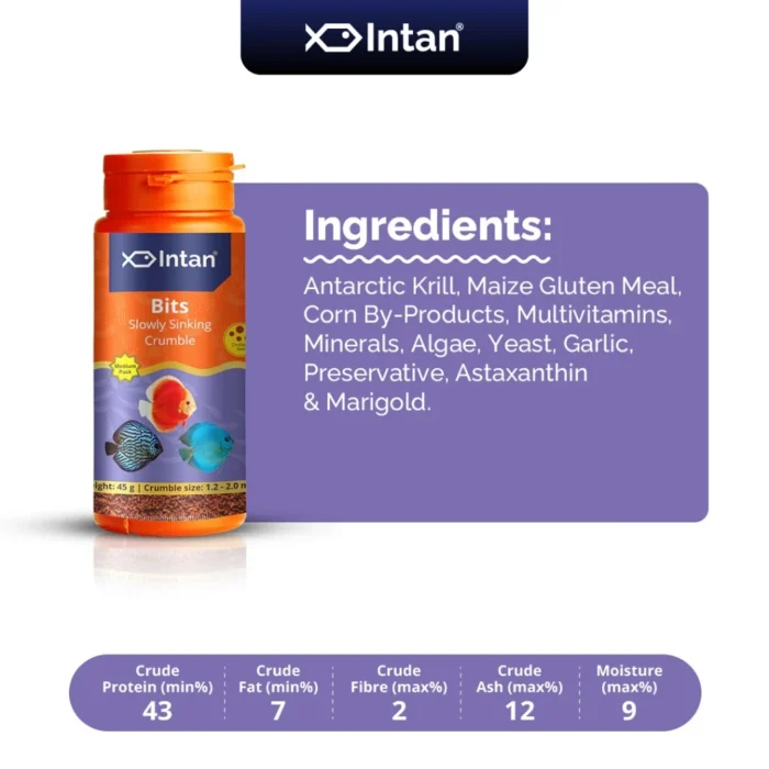 Intan Bits 🐠 Player Choice For Fish Like Discus, Danios, Barbs & Rainbow  Premium Fish Food 120g